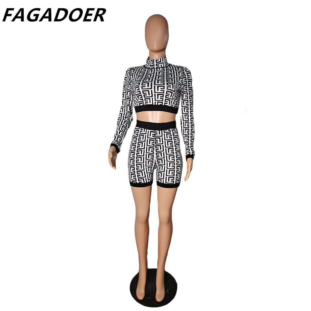 FAGADOER Women Two Piece Set Geometic Print Black Bodycon Shorts Sets Long Sleeve Crop Top Pants Sets Street Fashion Outfits