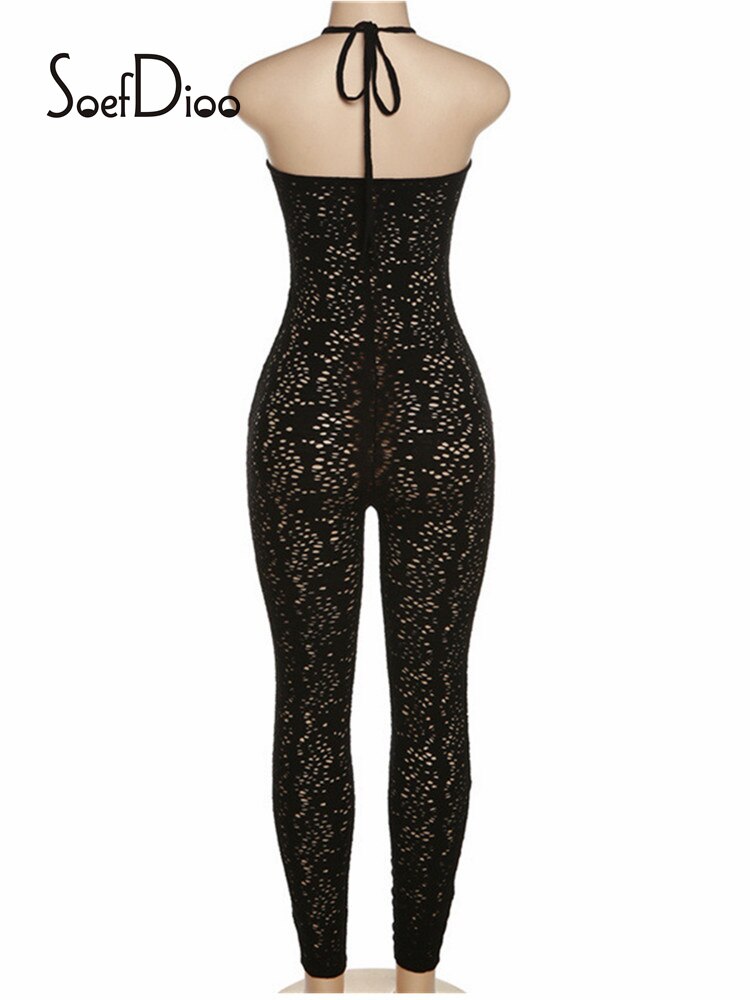 Soefdioo Halter Mesh Hollow Out Bodycon Romper Women Jumpsuits Summer 2022 Sexy Backless Balck Jump Suit Fashion Sportswear