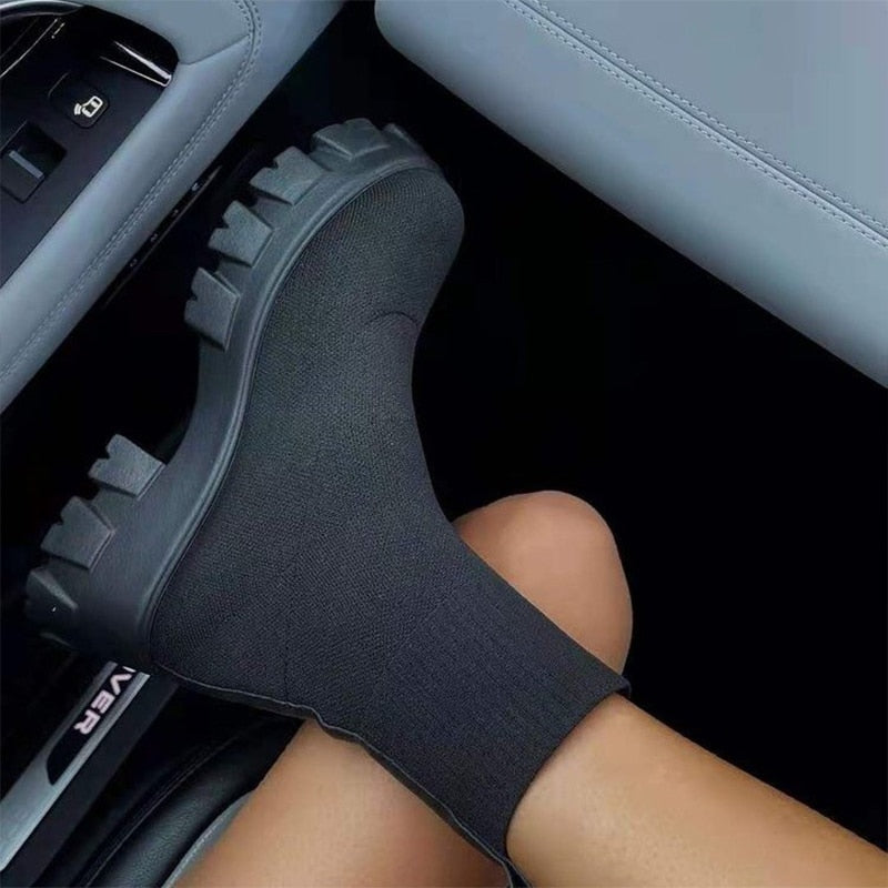 Ankle Sock Stretch Boots Designer Chunky Platform Snow Boots 2021 New Winter Warm Fashion Mid Heels Knitting Chelsea Women Shoes