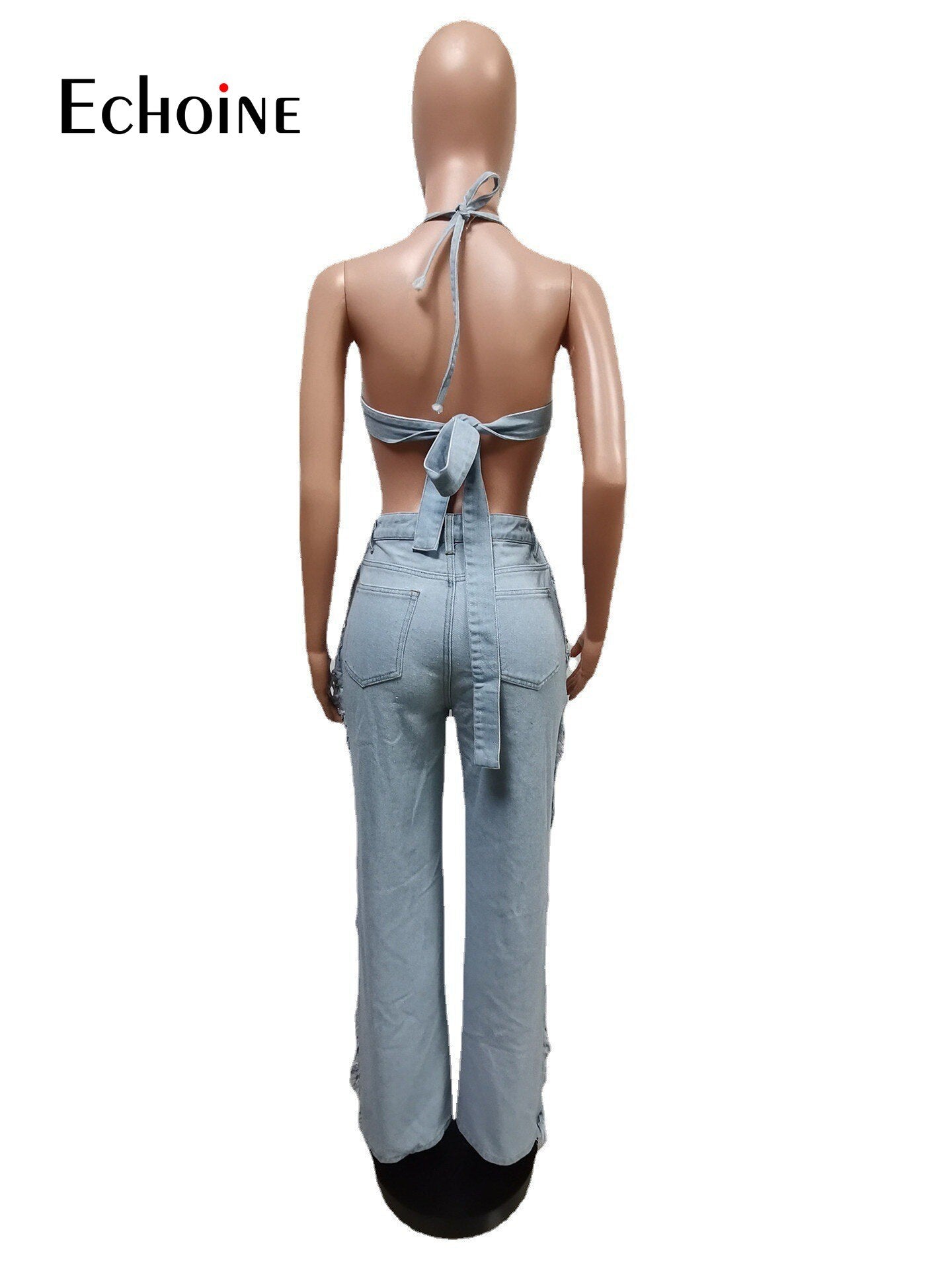 Echoine Women Street Denim Suit Crop Top And Hole Tassel Jean Trouser Pants Two 2 Piece Set 2022 Summer Elegant Jeans Outfits
