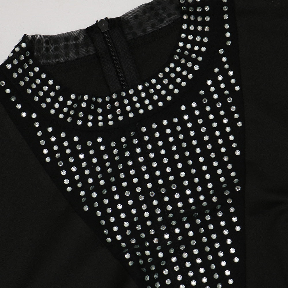 Elegant Trendy Plus Size Women Clothing Round Neck Long Sleeve Diamonds Mesh Patchwork Feather Sexy Evening Dresses Wholesale