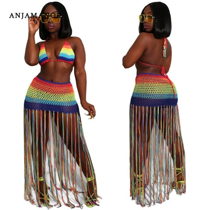 ANJAMANOR Rainbow Crochet Tassel Sexy 2 Piece Set Crop Top and Skirt Beach Party Club Birthday Outfits for Women D48-DF23