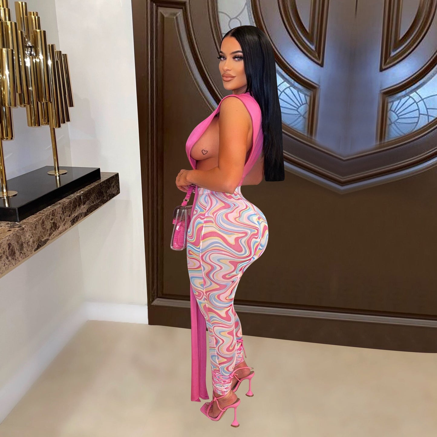 Sexy Strap Crop Top 2 Piece Sets Women Printed Mesh Long Pants and Sleeveless Backless Crop Top Summer Party Night Clubwear 2022