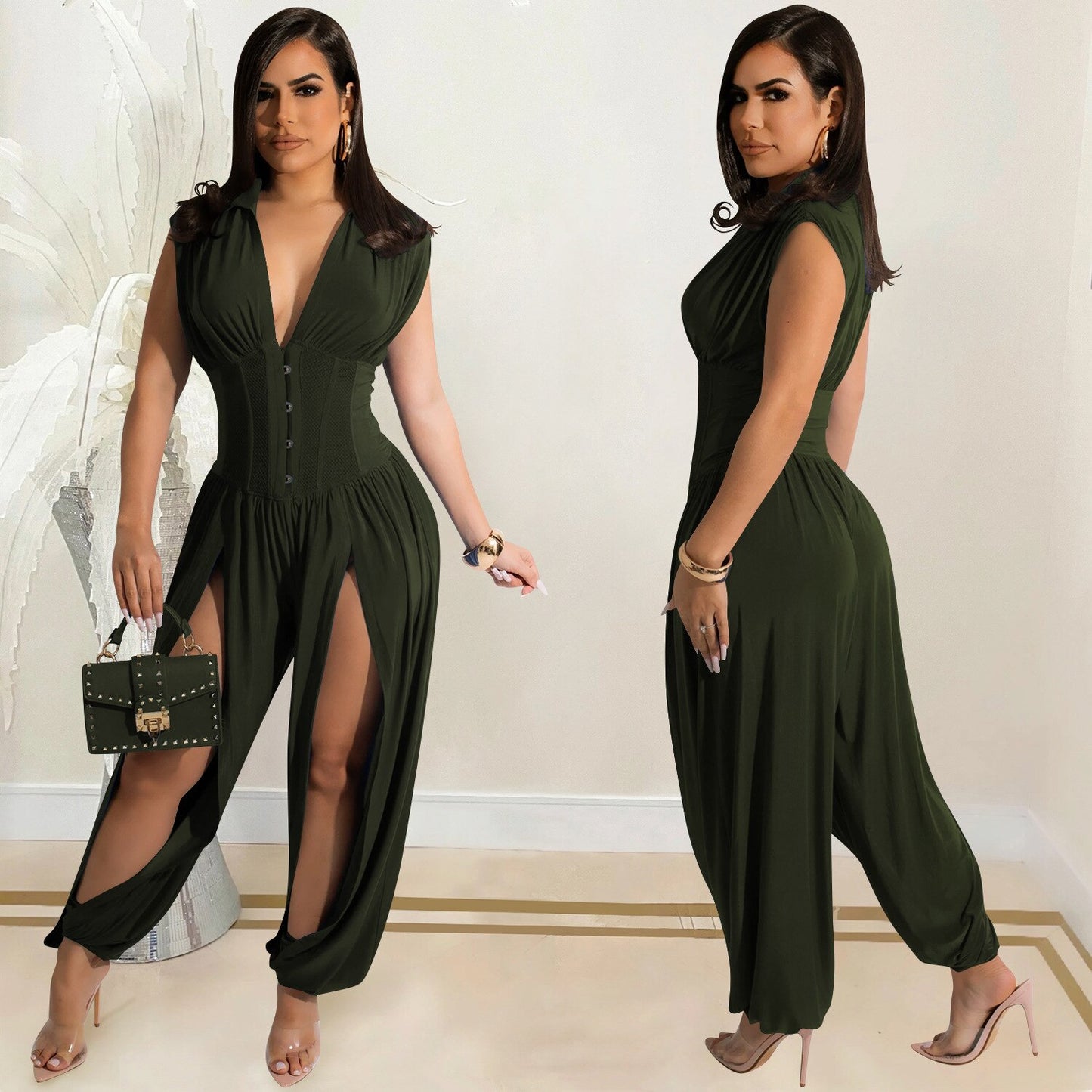 Echoine Woman Fashion Solid Sexy Deep V Neck Sleeveless Hollow Out Long Jumpsuit Casual Intellectual Club Party Romper Overalls