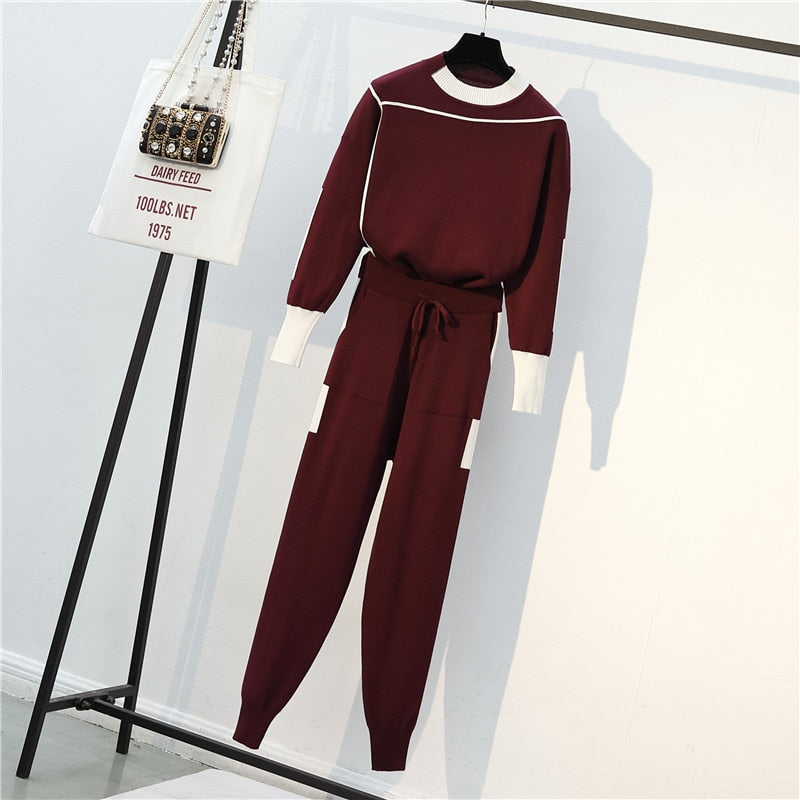 2022 Autumn Runway 2 Pieces Set Knitted Long Sleeve Pullovers Sweater Casual Patchwork Knit Jumper Tops and Pants Suits spring
