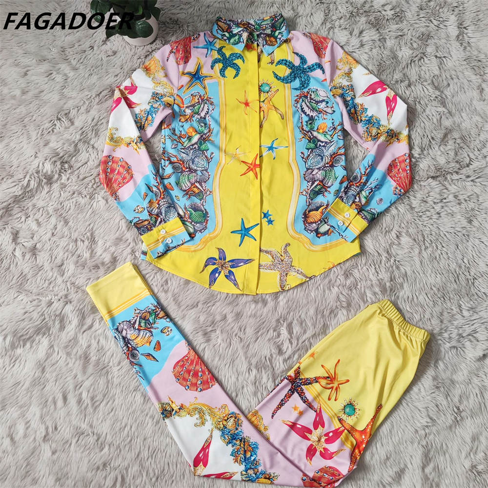 FAGADOER Women Starfish Pattern Print Two Piece Sets New Turndown Collar Button Shirt And Skinny Pants Outfit Fashion Streetwear