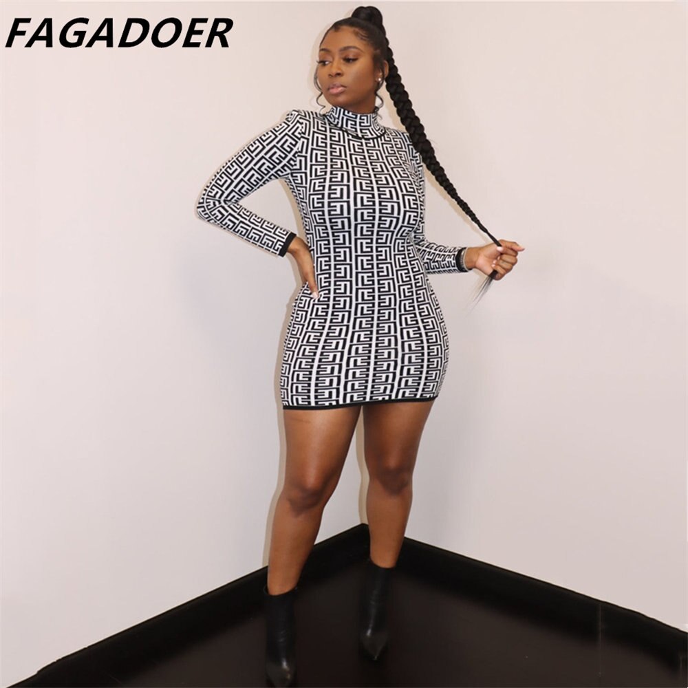 FAGADOER Women Two Piece Set Geometic Print Black Bodycon Shorts Sets Long Sleeve Crop Top Pants Sets Street Fashion Outfits