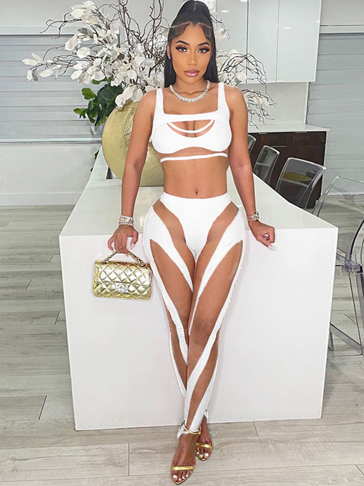 Kliou Mesh Patchwork Two Piece Set Women Skinny Hole Sleeveless Vest+Mid Waist See Through Leggings High Street Attirewear Suits