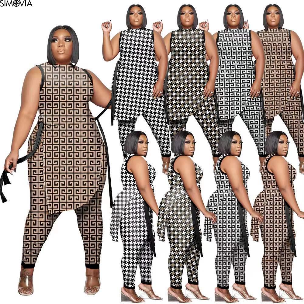XL-5XL Plus Size Clothes 2 Piece Women Set 2022 Spring Summer New Fashion Sleeveless Top And Pants Suit Party Lady Matching Sets