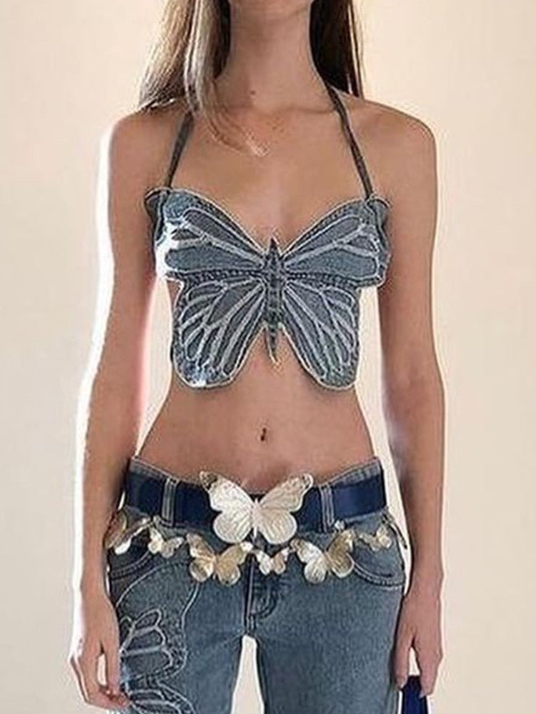 Rapcopter y2k Butterfly Jeans Crop Top Backless Strap Camis Sexy Blue Cute Party Sweats Women Beach Holiday Mini Vest Summer Tee