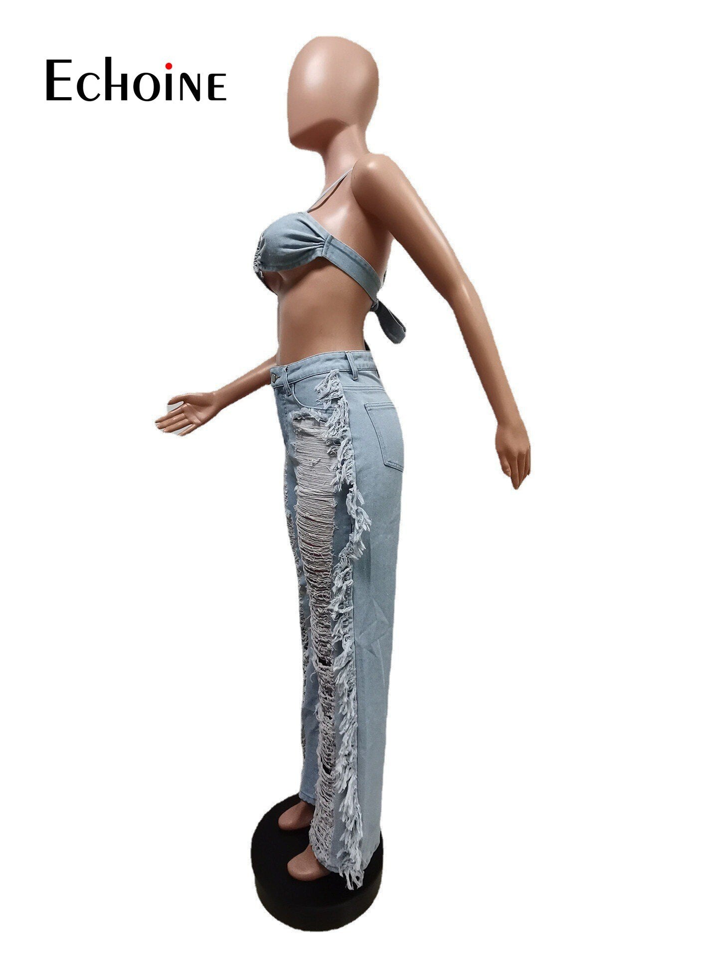 Echoine Women Street Denim Suit Crop Top And Hole Tassel Jean Trouser Pants Two 2 Piece Set 2022 Summer Elegant Jeans Outfits
