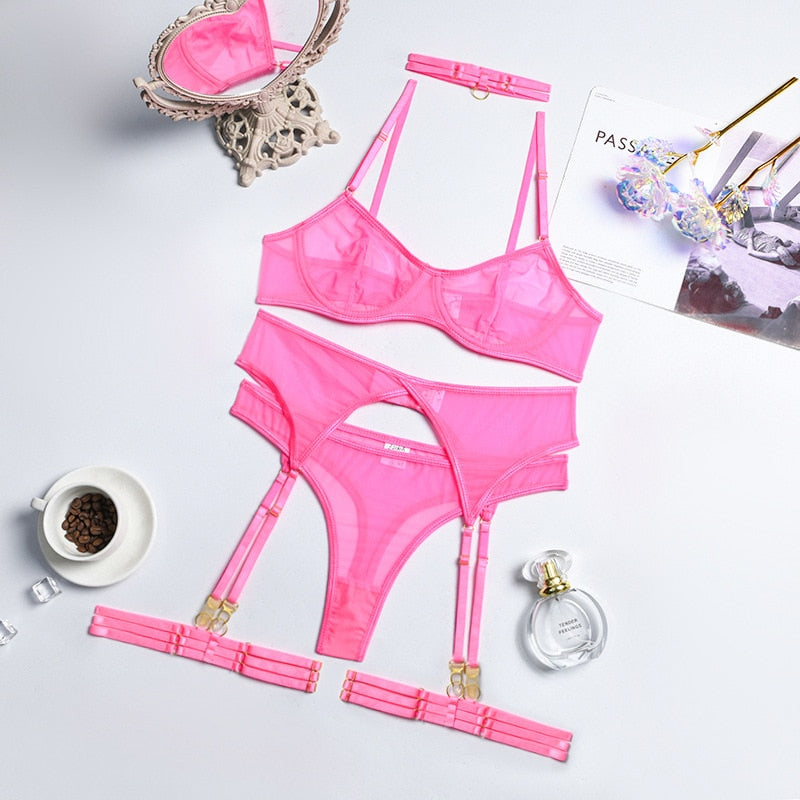 4 Pieces Set Woman Sexy Lingerie Erotic Underwear Bra Garters Brief Sets Transparent Lace Seamless Blue Ladies Panties Thong