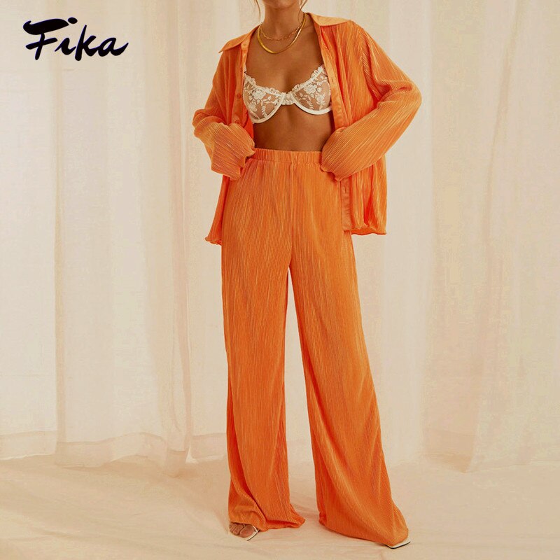 Women's Pleated Set Floral Elegant Casual Long Sleeve Blouses with High Waist Pants Set Female Loose Shirts Two Piece Pant Set