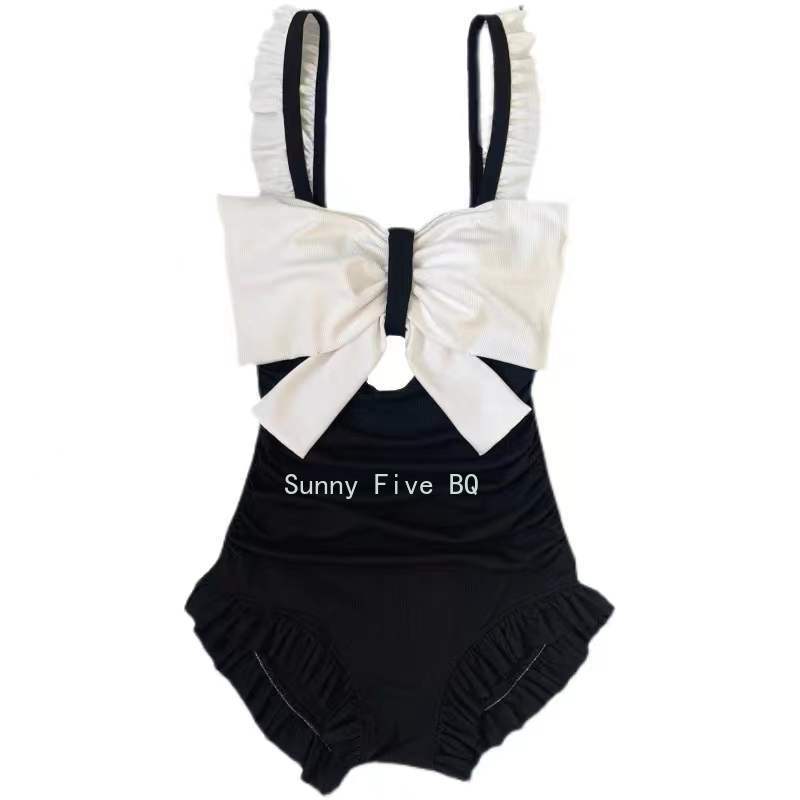 2022 New Women's Swim Suit One-Piece Ruffled Swim Wear Bow Backless Beach Jump Suits for Women Black White Conservative Swimwear