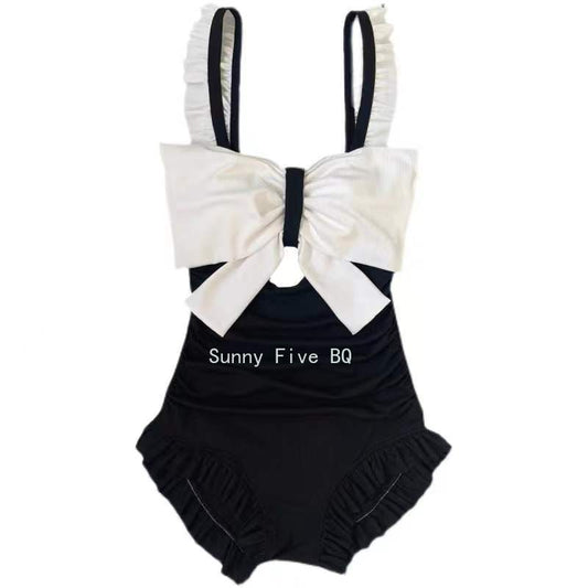 2022 New Women's Swim Suit One-Piece Ruffled Swim Wear Bow Backless Beach Jump Suits for Women Black White Conservative Swimwear