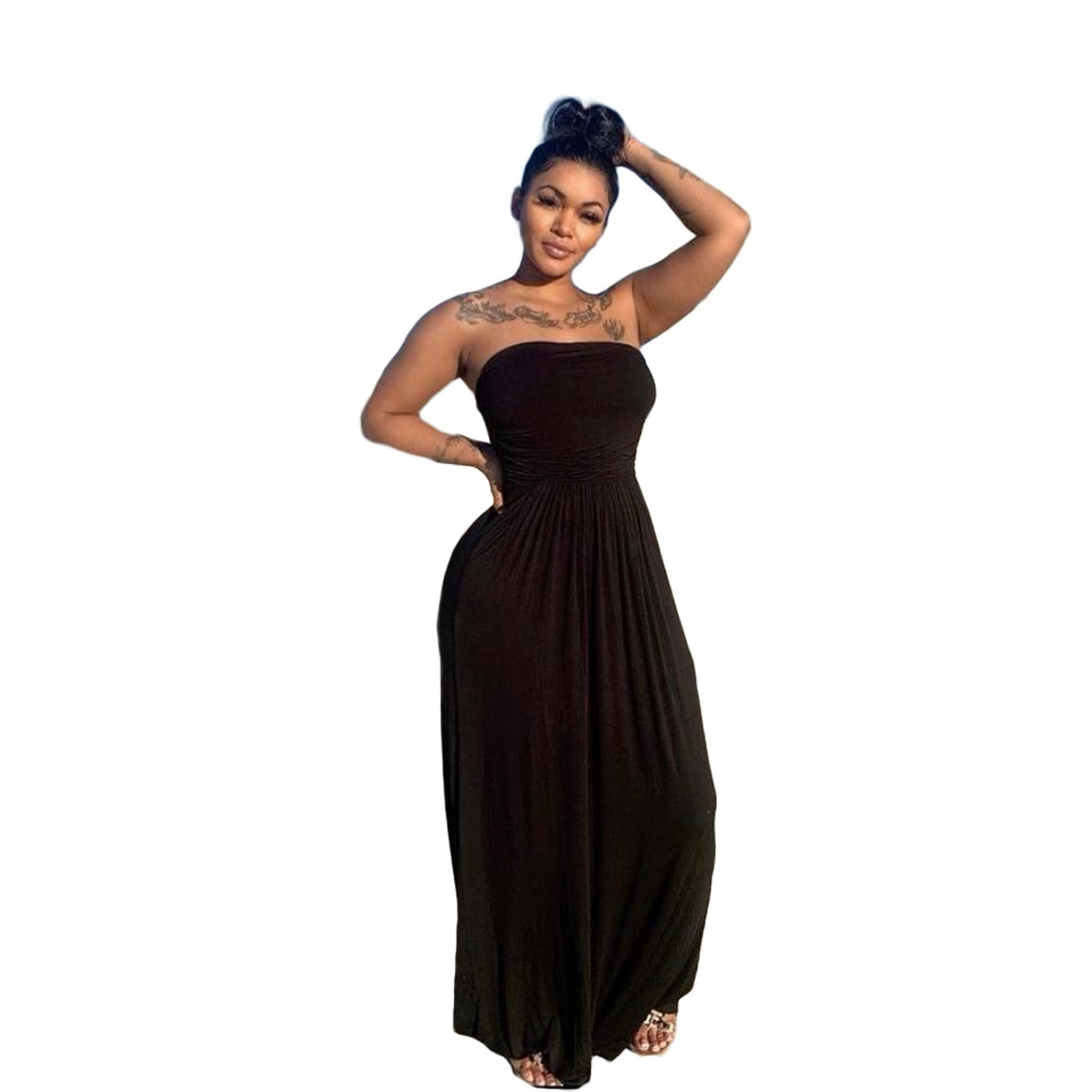 Women Casual Strapless High Waist Loose Hem Maxi Dress for Streetwear Beach Sexy Summer Floor Length Long Dresses