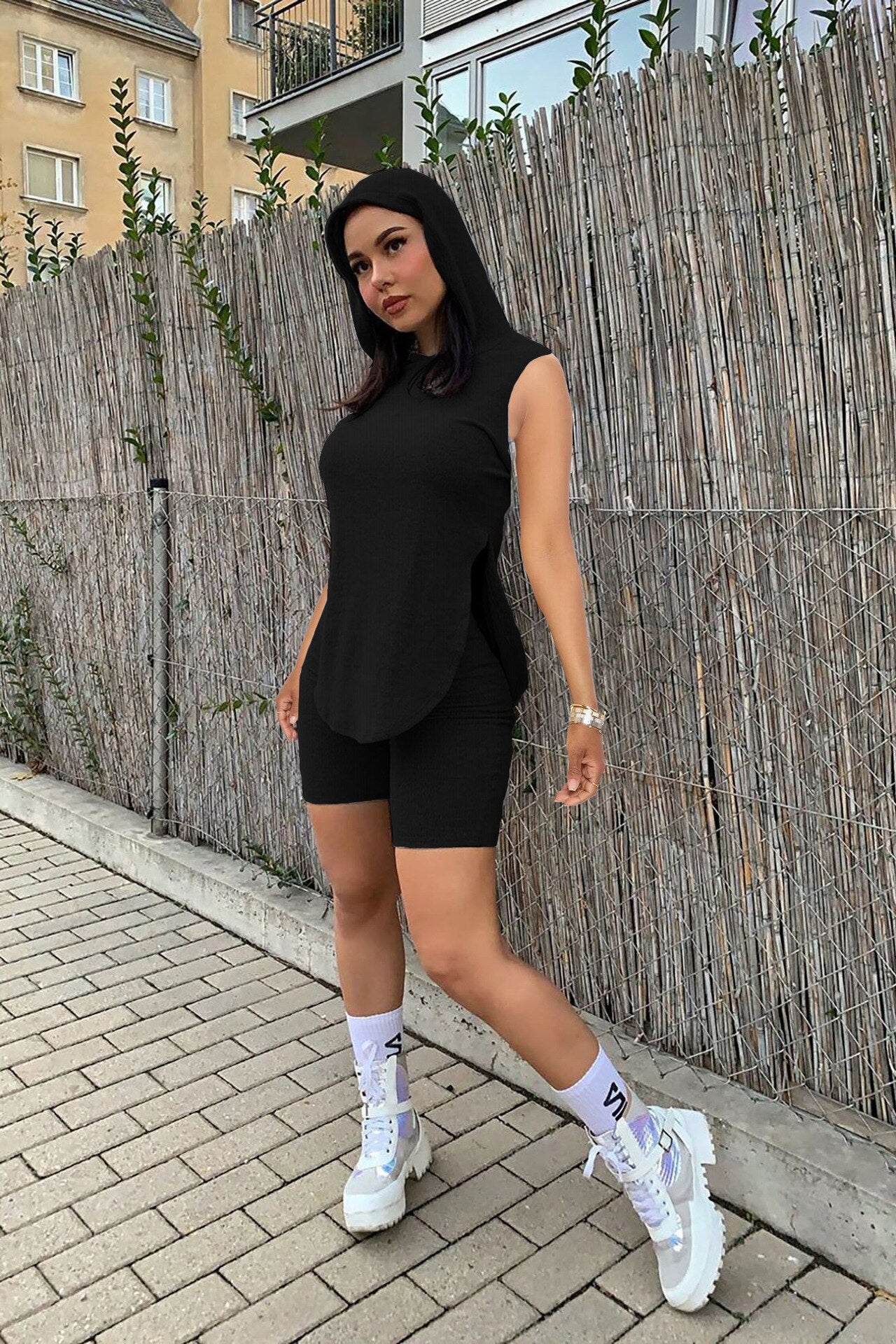Women's Summer Casual Pit Strip Hood Two Piece Crew Neck Short Sleeve Top and Shorts Pants Printed Fashion Two Piece Set