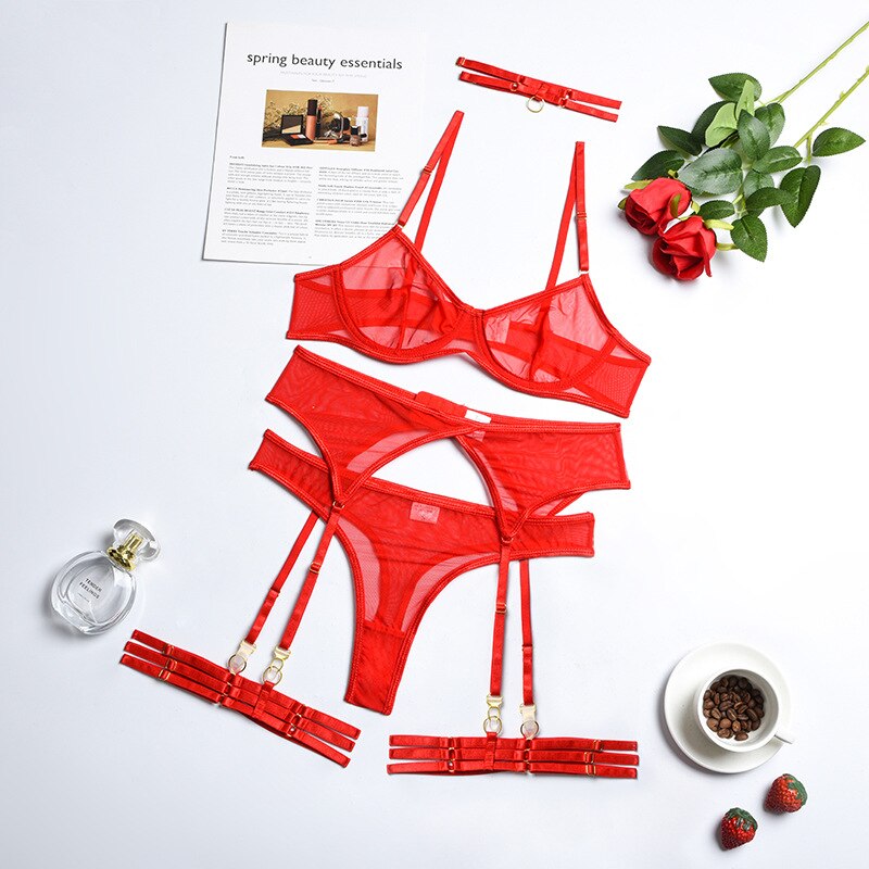 4 Pieces Set Woman Sexy Lingerie Erotic Underwear Bra Garters Brief Sets Transparent Lace Seamless Blue Ladies Panties Thong