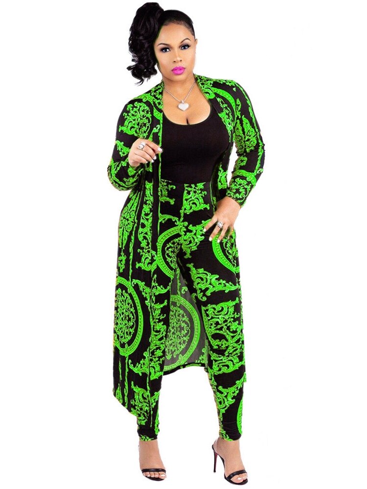 3XL Big Size 2 Pieces Set Sexy Autumn Fashion Women Set Female Tops Floral Print Long Sleeve Cardigan Bodycon Stripe Pants
