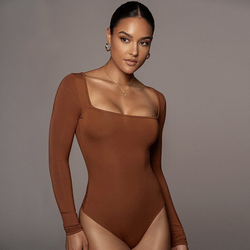 New Solid Bodycon Sexy Neon Orange Bodysuits Women Autumn  Long Sleeve Winter Basic Body Suit Female O Neck Black Pink GV852