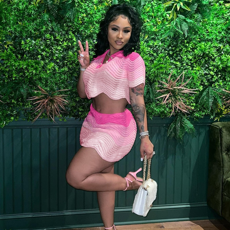 Echoine Pink Patchwork Polo Button Neck Knitted Tops Sweater Mini Skirt Two Piece Set Fashion party Clubwear Outfits Summer 2022