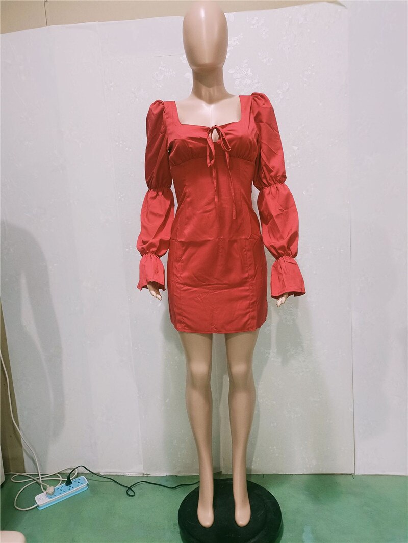 Kayotuas Women Dress Lace-Up Puff Sleeve Bodycon Sexy Backless Zipper Mini Fall 2023 Fashion Streetwear Vintage Clothes 90s