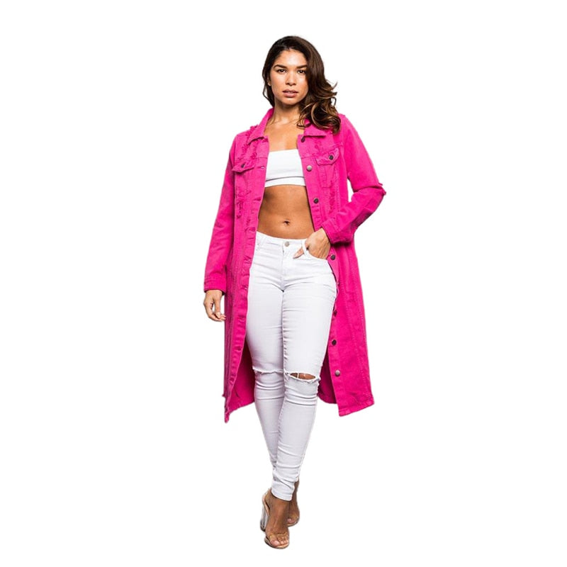 2021 New Arrive Fashion Sexy Hole Cotton Long Denim Jacket Trench Coat Cardigan Jeans Cape for Women Loose Long Sleeve Coat Ddlg