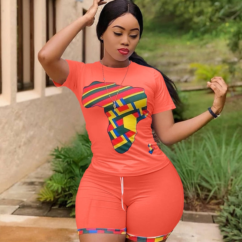 Summer 2 Piece Matching Set Women Tracksuit Map Print Short Sleeve Slim Fit Top Bodycon Short Sweat Suit Lounge Wear Outfits