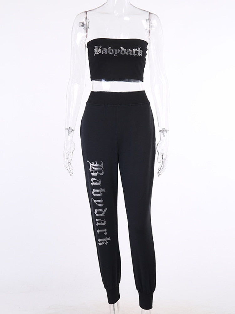 SRUBY Winter Diamond Two Piece Set Crop Top And Tracksuit Joggers 2 Piece Pants Set Rhinestones Jogging Long Suits Women Sweater