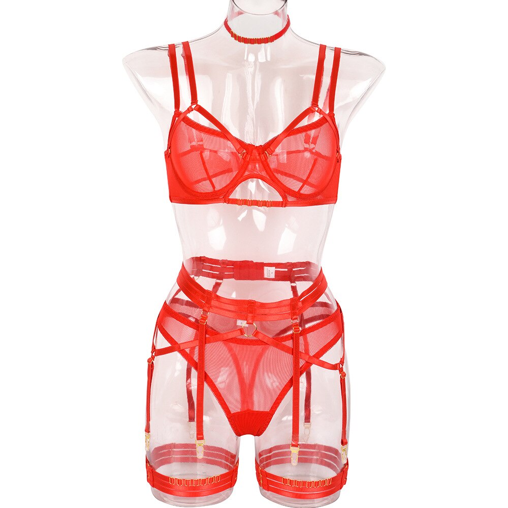 Yimunancy 4-Piece Mesh Bra Set Women 4 Colors Transparent Bandage Panty Underwear Set 2022 Ladies Sexy Lingerie Set