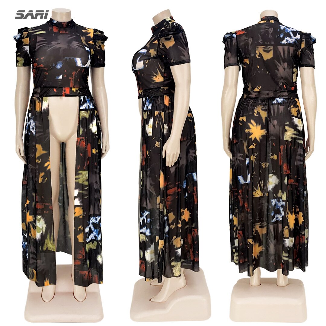 Plus Size Women Elegant Dress Printed Short Sleeve Shirt Summer Mesh Perspective Split Hollow Long Skirt Beach Vacation Clothing