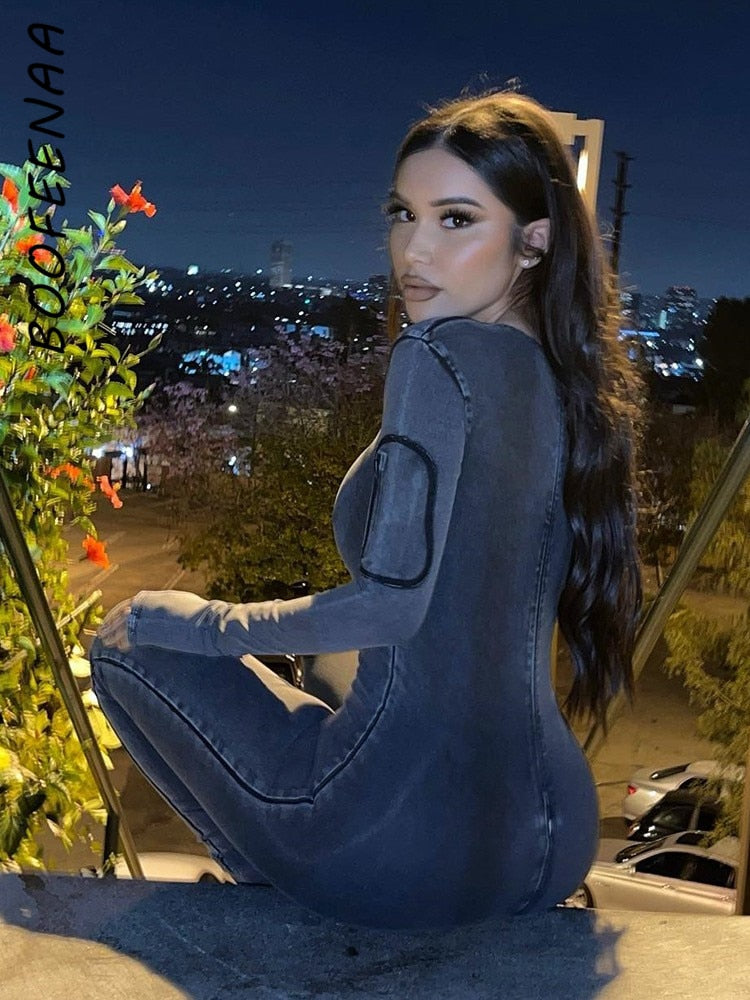 BOOFEENAA Gray Denim All In One Sexy Jumpsuit Women Y2k Streetwear Jean One-pieces Outfits One Sleeve Bodycon Jump Suits C71FH54
