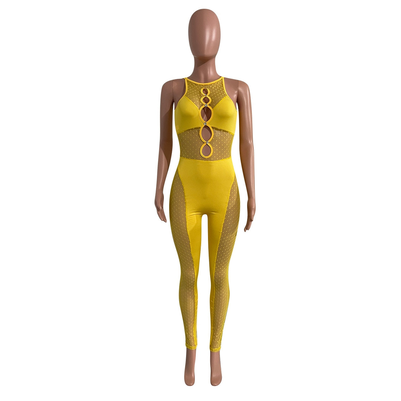 hirigin Mesh Patchwork Women Sleeveless Cut out Jumpsuit Skinny Sexy Streetwear Sportswear Long pant Rompers 2022 Summer Outfits