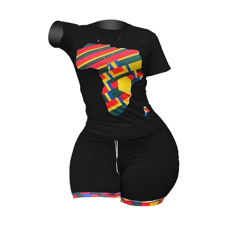 Summer 2 Piece Matching Set Women Tracksuit Map Print Short Sleeve Slim Fit Top Bodycon Short Sweat Suit Lounge Wear Outfits
