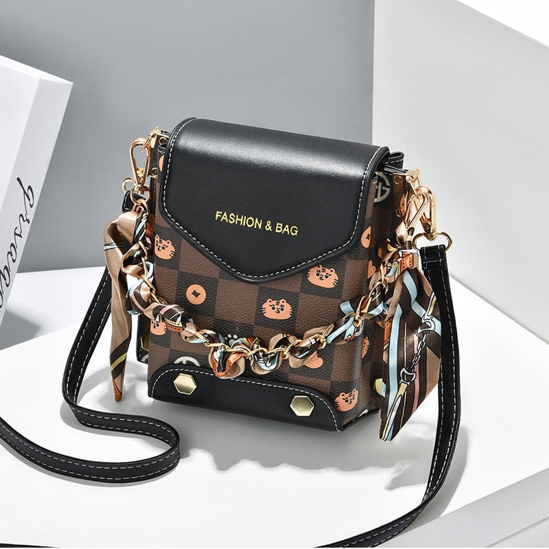 Fashion Women Pattern Shoulder Bag Hardware Chain Strap Color Block Messenger Handbag Composite Cross Body Bag