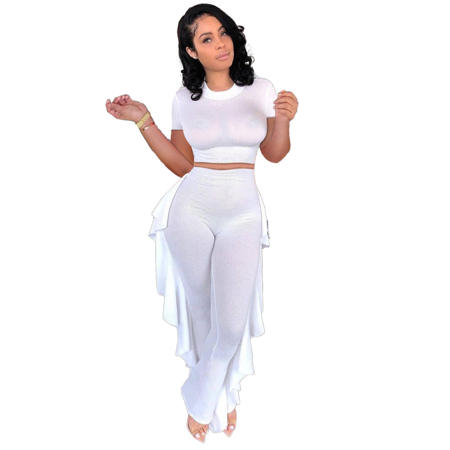 Lounge wear Solid Tracksuit Women Summer O Neck Short Sleeve Crop Top + Ruffles Pants Slim Two Piece Set Outfits Streetwear