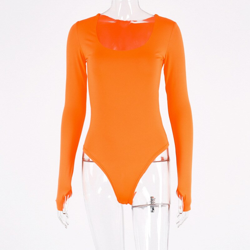 New Solid Bodycon Sexy Neon Orange Bodysuits Women Autumn  Long Sleeve Winter Basic Body Suit Female O Neck Black Pink GV852