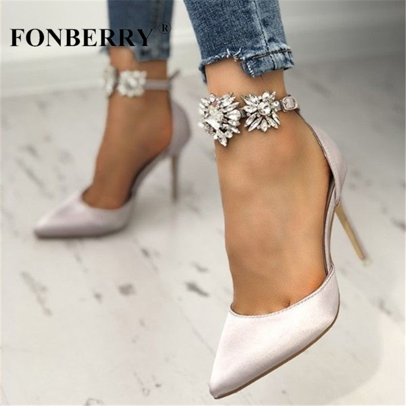 FONBERRY Pink Satin Rhinestone High Heels Bridal Wedding Shoes Women 2022 Pointed Toe Stiletto Crystal Ladies Party Pumps