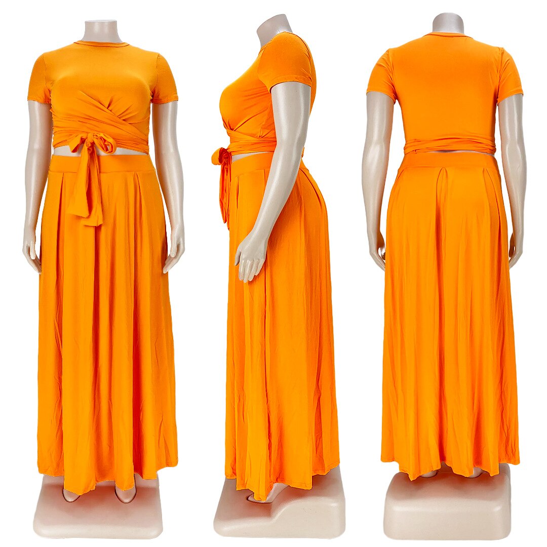 Sexy Streetwear Women's Set  Lace Up Knotted Crop Tops Maxi Skirts Matching Set Tracksuit Two Piece Set Outfits