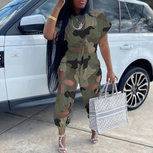 Women Pant Sets Casual Suits Camouflage Short Sleeve Tie Front Crop Top T Shirt &amp; Hollow Out Pants Sets Women Two Piece Suit