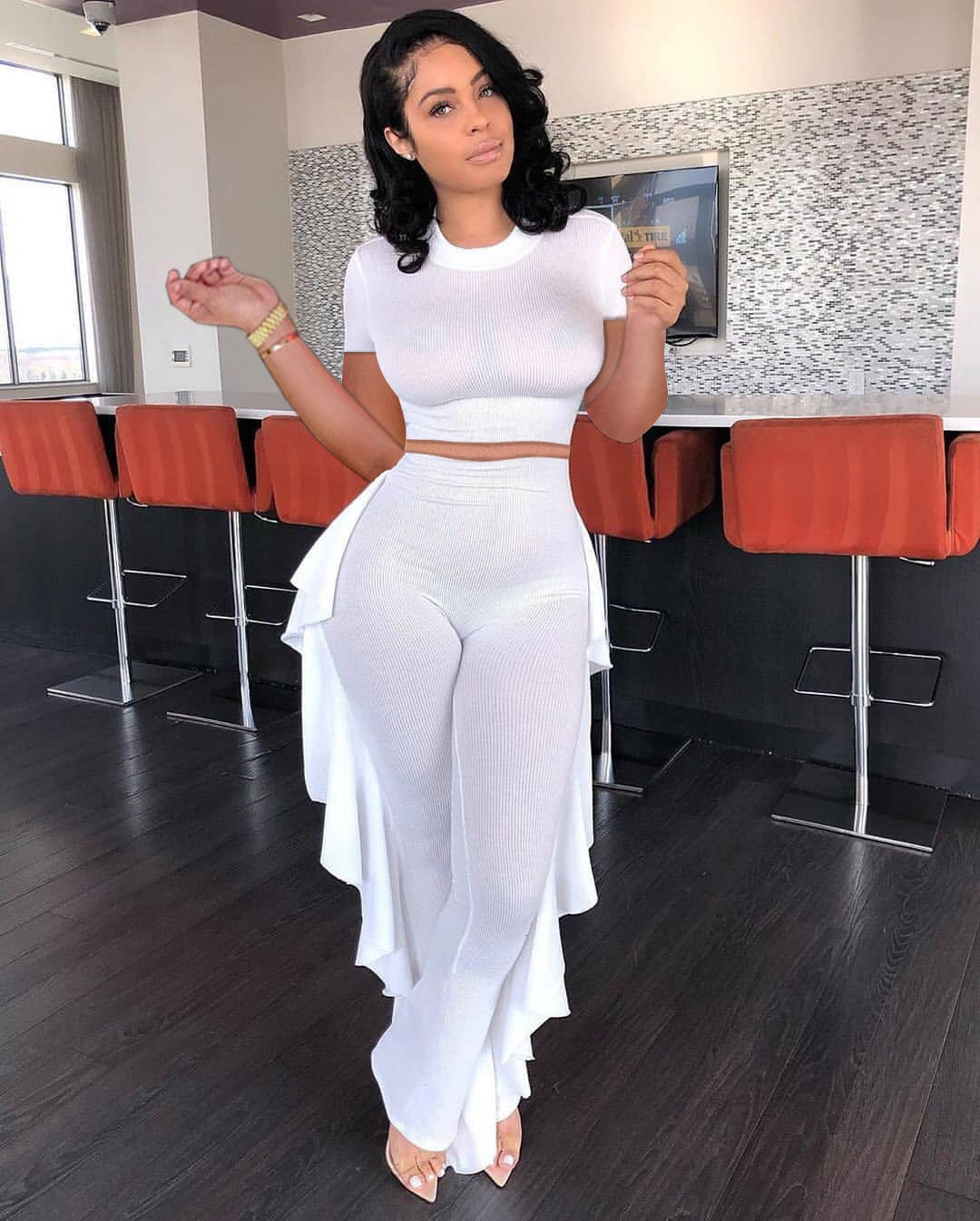 Lounge wear Solid Tracksuit Women Summer O Neck Short Sleeve Crop Top + Ruffles Pants Slim Two Piece Set Outfits Streetwear