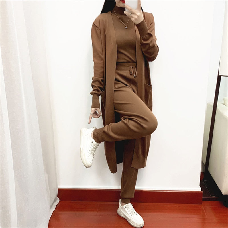 Women Sweater 3 Piece Set Tracksuit 2022 spring Autumn Long Cardigan Coat + Half Turtleneck Vest + Pants Knitted Suits Outfits