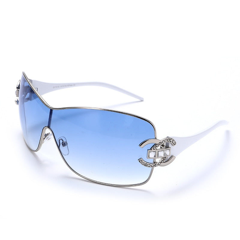 New Trendy Diamond Sunglasses Women Luxury Brand Designer One Piece Oversized Sun Glasses Ladies Fashion Eyewear Large Frame