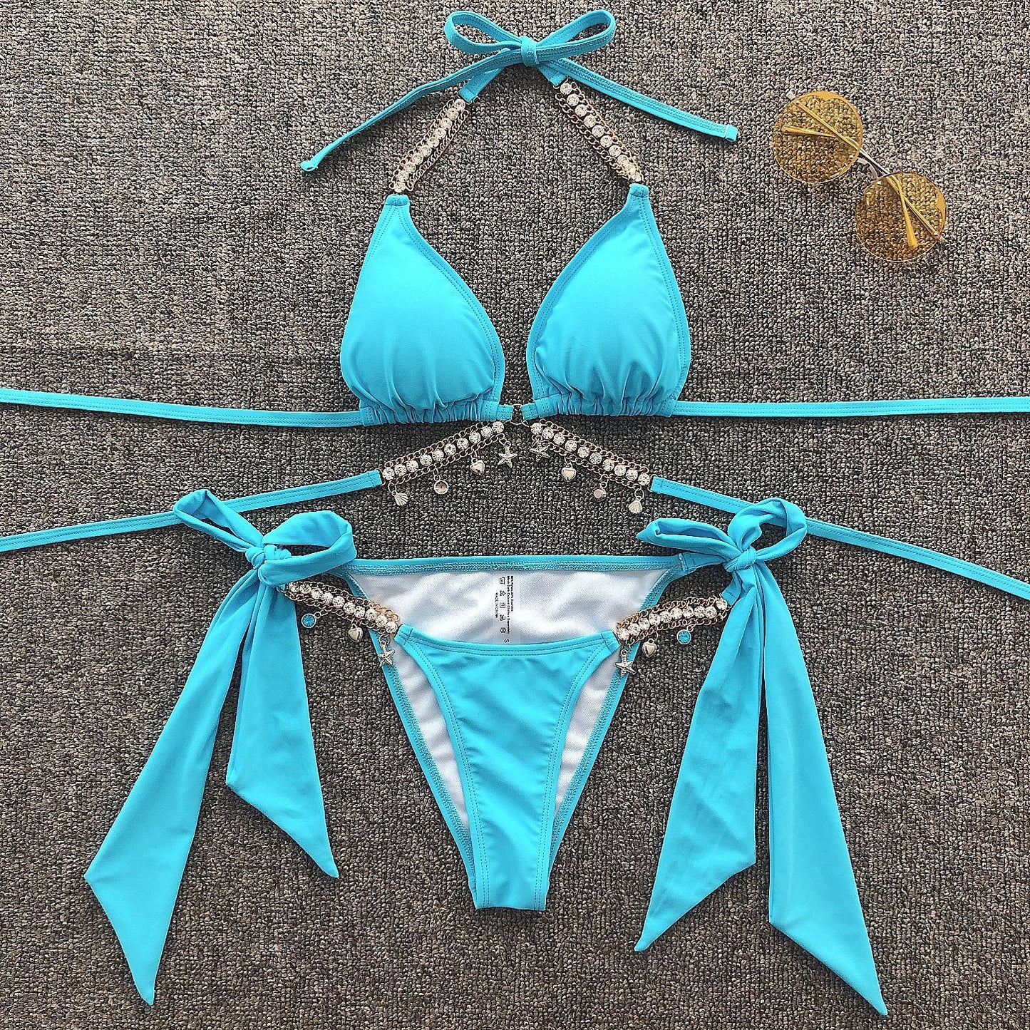 Rhinestone Bikini 2022 Women Solid Black Crystal Diamond Swimsuit Lady Luxury Metal Chain Bandage Bathing Suit Thong Swimwear