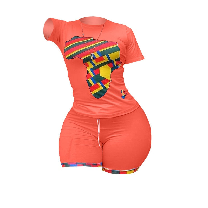 Summer 2 Piece Matching Set Women Tracksuit Map Print Short Sleeve Slim Fit Top Bodycon Short Sweat Suit Lounge Wear Outfits