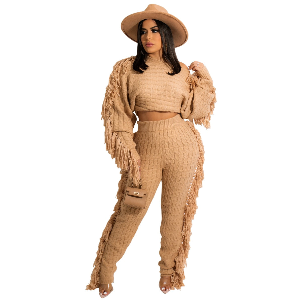 ANJAMANOR Tassel Knitted Sweater Sexy Two Piece Set Matching Pants Sets Fashion Winter Outfits for Women 2021 Wholesale D62-HZ95