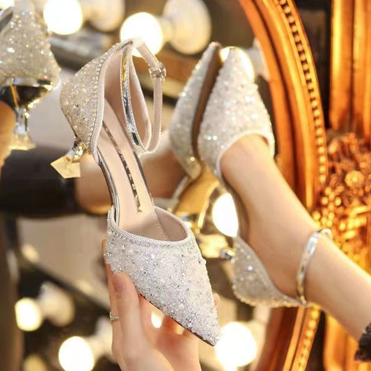 Rimocy Bling Shiny Women Pumps 2022 New Ankle Strap Crystal High Heels Shoes Woman Pointed Toe Thin Heel Wedding Party Shoes