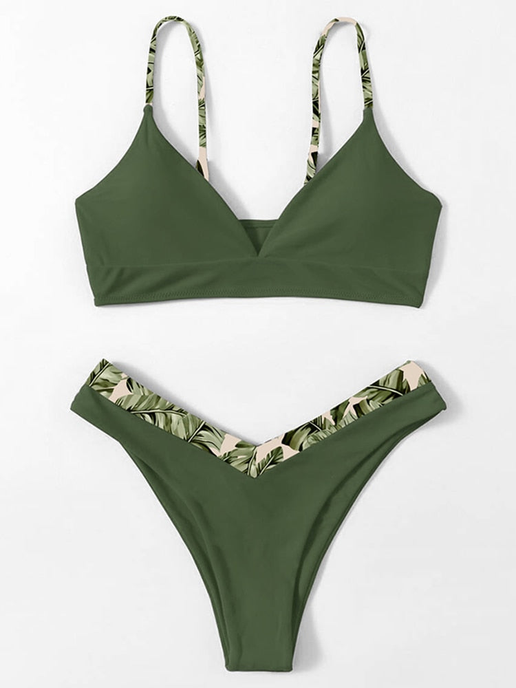 2022 Bikini Set Women Swimwear Push Up Swimsuit Top Solid Bottom Print Brazilian Biquini Bathing Suit Swim Wear Beach