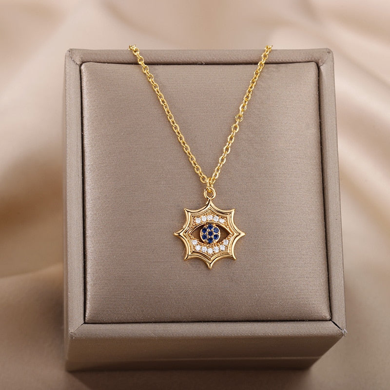 Turkish Evil Eye Pendant Necklace for Women Stainless Steel Gold Chain Necklaces 2022 Trend Choker Boho Lucky Aesthetic Jewerly