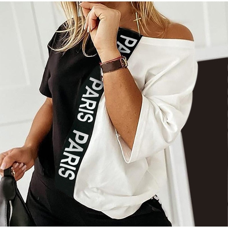 Off Shoulder Tracksuit Women Two Piece Set Summer Clothes Letter Print Colorblock Tshirt Top and Pants Suit Women's Sets Outfits